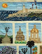 Detalle del tapiz «Flores y piedras», de Mirta Romero Menéndez, realizado con la técnica sampler aplicaciones (paisaje)